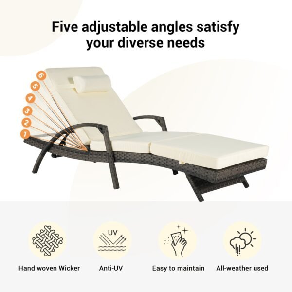 Dark brown rattan sun lounger set with cream cushions and adjustable backrests for patio, lawn, or beach.