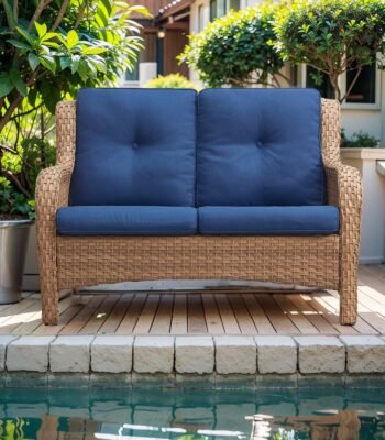 Double seater rattan wicker sofa with soft cushions for patio or garden seating