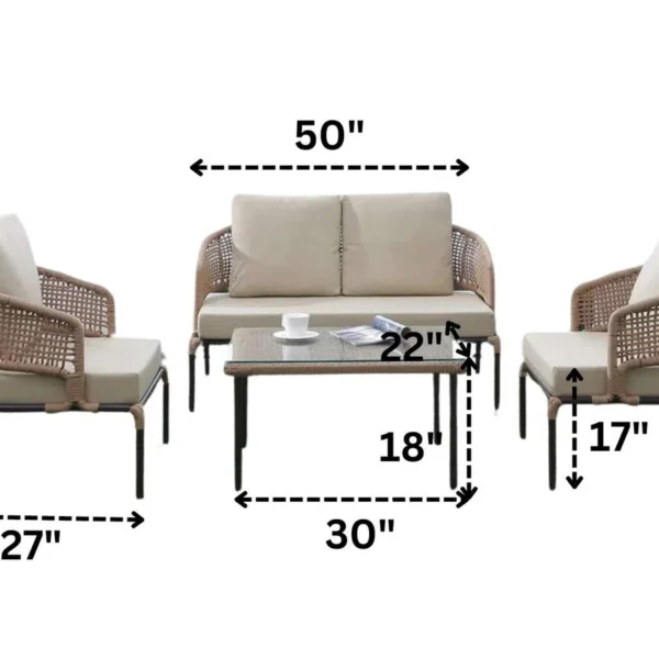 Beige and cream all-weather patio rope sofa set with glass top coffee table on outdoor deck