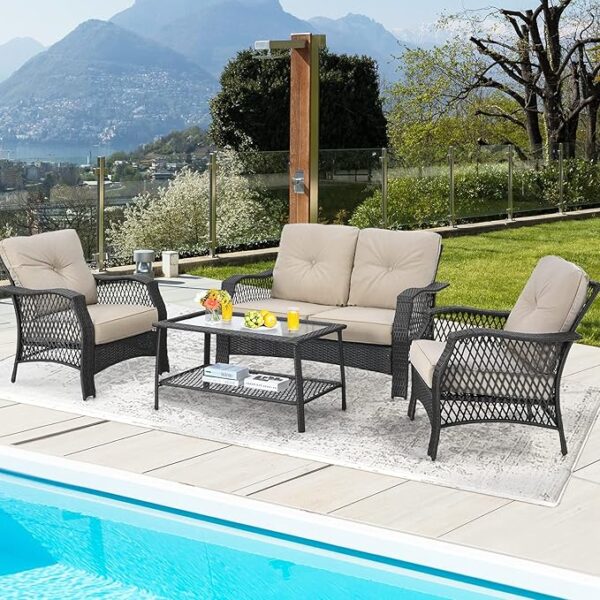 LOCCUS 4 Piece Outdoor Patio Wicker Rattan Sofa Conversation Set & Glass Top Coffee Table (Black & Cream)