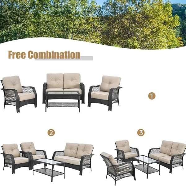 LOCCUS 4 Piece Outdoor Patio Wicker Rattan Sofa Conversation Set & Glass Top Coffee Table - Black & Cream - Image 6