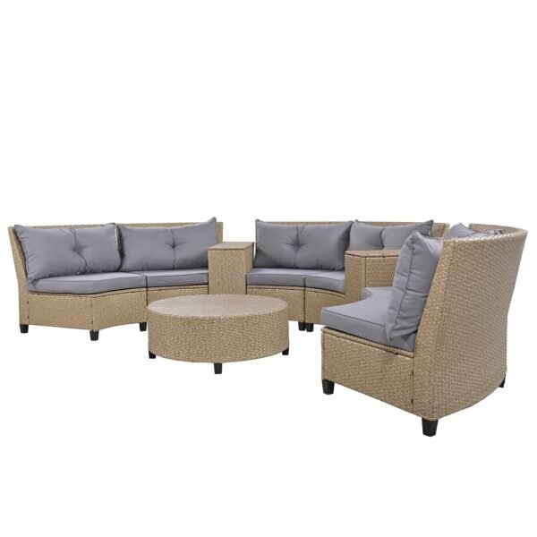 Modern 9-piece semicircle patio sofa set with half-moon wicker sectional and cushions, perfect for outdoor garden, balcony, or patio lounging.