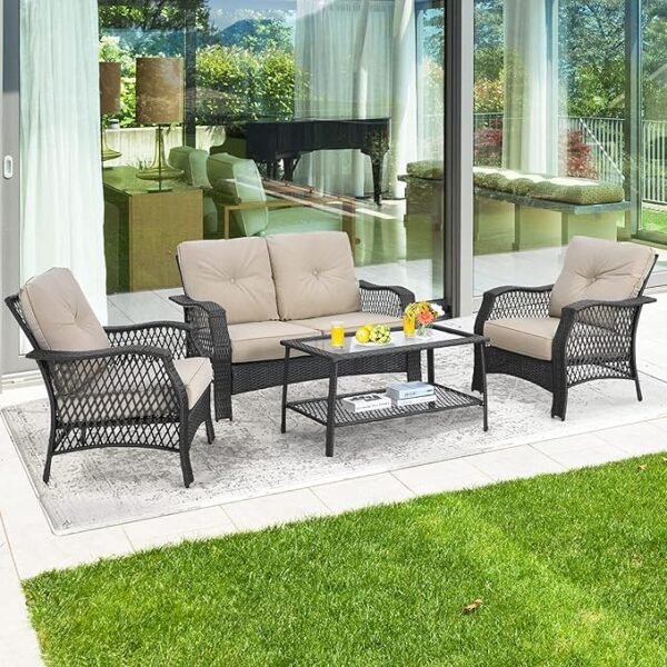 LOCCUS 4 Piece Outdoor Patio Wicker Rattan Sofa Conversation Set & Glass Top Coffee Table - Black & Cream - Image 2