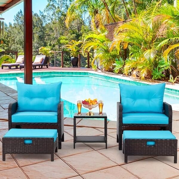 Elegant Outdoor Patio Set with Plush Blue Cushions