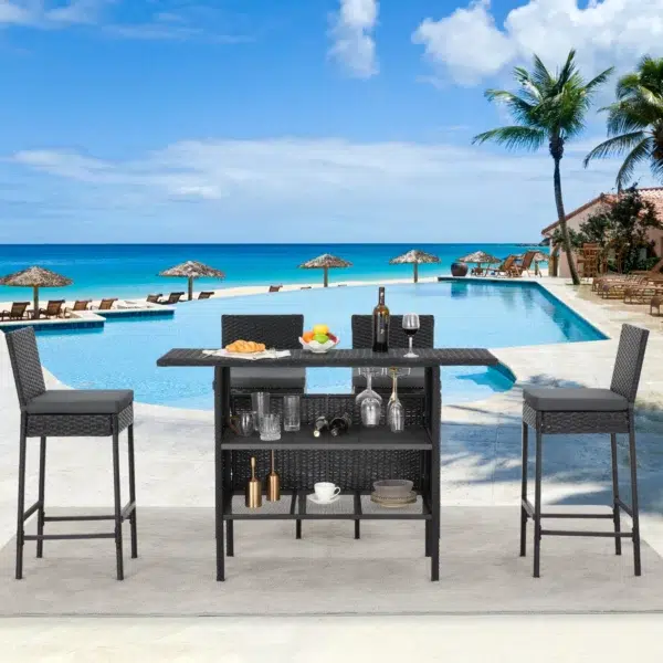Enjoy stylish outdoor dining with this sleek 3-piece rattan bar table and chair set, complete with comfortable removable cushions.
