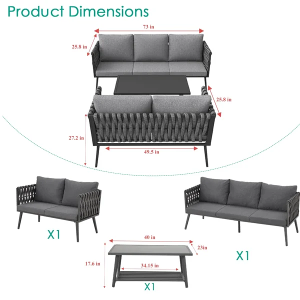 Grey 3-piece outdoor woven rope bistro set with table and chairs on patio