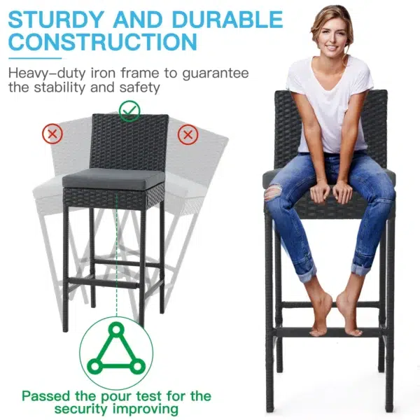 Enjoy stylish outdoor dining with this sleek 3-piece rattan bar table and chair set, complete with comfortable removable cushions.