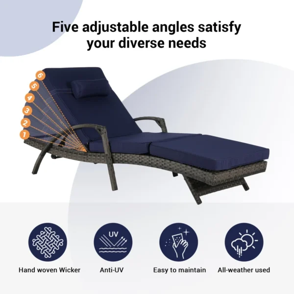 Set of 2 long reclining outdoor wicker chaise lounge chairs with cushions, perfect for patio or garden.