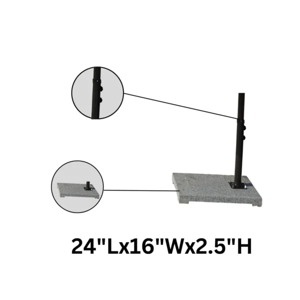 Off-white 9 ft outdoor cantilever patio umbrella with marble base and crank handle in a garden setting.