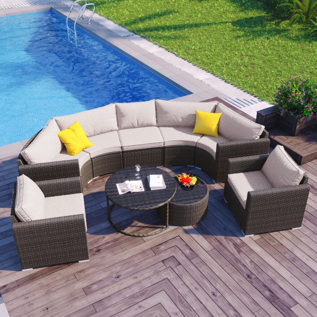 7-seater half-moon outdoor wicker sectional furniture set with beige cushions on a dark brown frame, perfect for patio or garden seating
