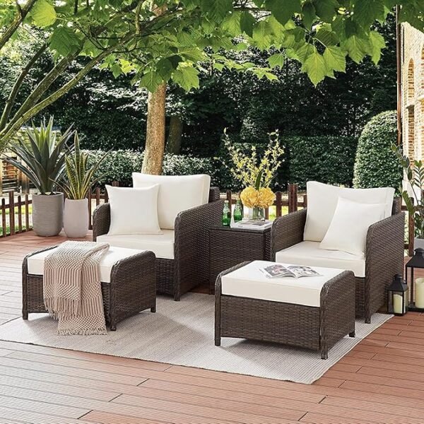 Modern outdoor patio set with stylish seating and center table, perfect for garden or balcony.