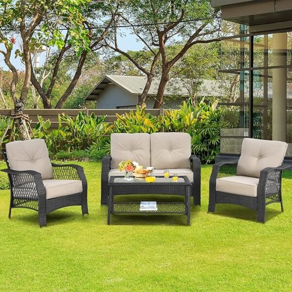 LOCCUS 4 Piece Outdoor Patio Wicker Rattan Sofa Conversation Set & Glass Top Coffee Table - Black & Cream - Image 4
