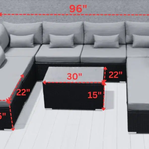 Outdoor black rattan sectional sofa set with cream cushions, seating 8, ideal for garden or patio.