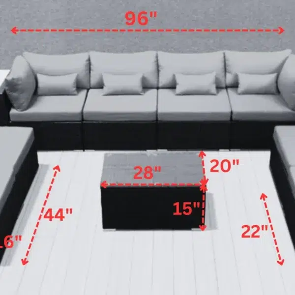 8 Seater black and sky blue rattan wicker outdoor sectional sofa set with cushions