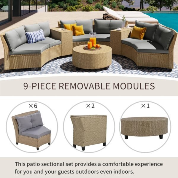 Modern 9-piece semicircle patio sofa set with half-moon wicker sectional and cushions, perfect for outdoor garden, balcony, or patio lounging.