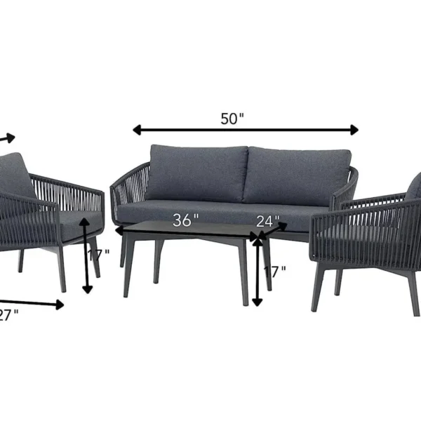"Bring comfort and style to your patio or balcony with the Unique Design Rope Bistro Set. This 4-piece set includes two ergonomically designed chairs and a compact table, all crafted with durable rope detailing and a sleek grey finish. Ideal for small outdoor spaces, it combines modern aesthetics with practical functionality, making every coffee break or meal an inviting experience."