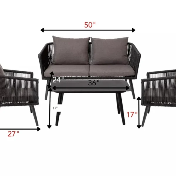 A set of 4 sofa chairs in black and dark grey upholstery, arranged in a stylish living room setup.