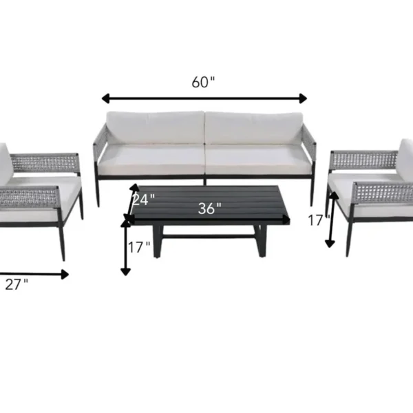 4 seater outdoor conversation sofa set with grey and white rope design, soft cushions, and matching center table.