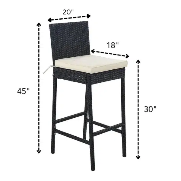 5 piece outdoor patio rattan bar set in black and white with high chairs and a bar table arranged on a garden patio.