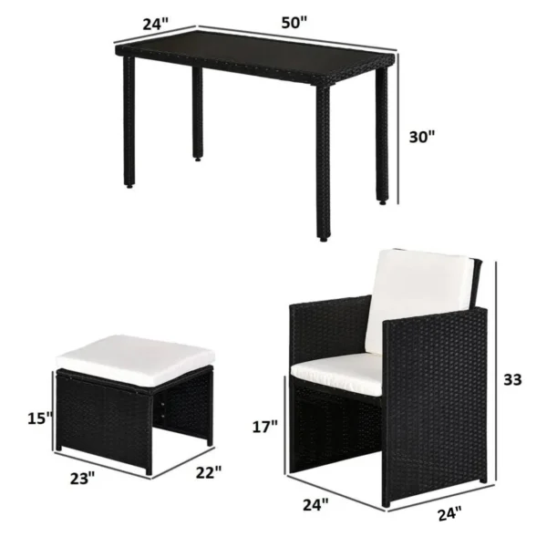 5-piece outdoor rattan wicker furniture set in black and white with chairs, sofa, and table