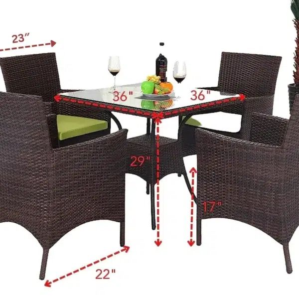 5-piece dark brown wicker patio dining set with green seat cushions, table without glass top