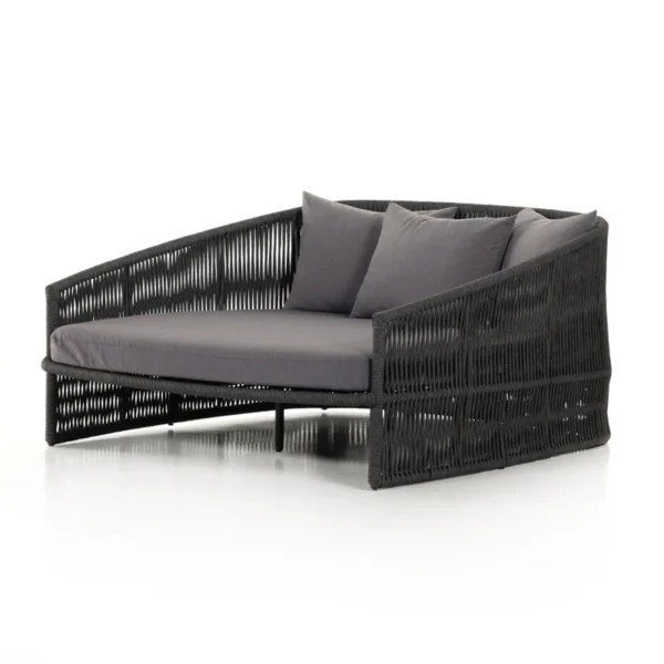 Black outdoor patio rope daybed for garden, terrace, balcony, and poolside lounging, made with rattan and durable rope.