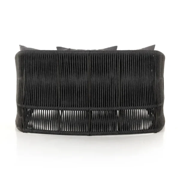 Black outdoor patio rope daybed for garden, terrace, balcony, and poolside lounging, made with rattan and durable rope.