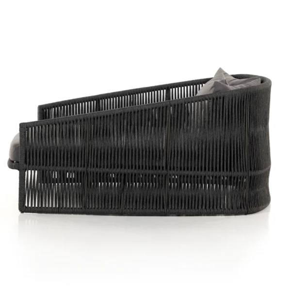 Black outdoor patio rope daybed for garden, terrace, balcony, and poolside lounging, made with rattan and durable rope.