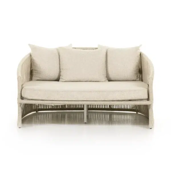 Beige outdoor rope daybed with rattan design, perfect for garden, terrace, balcony, or poolside relaxation.