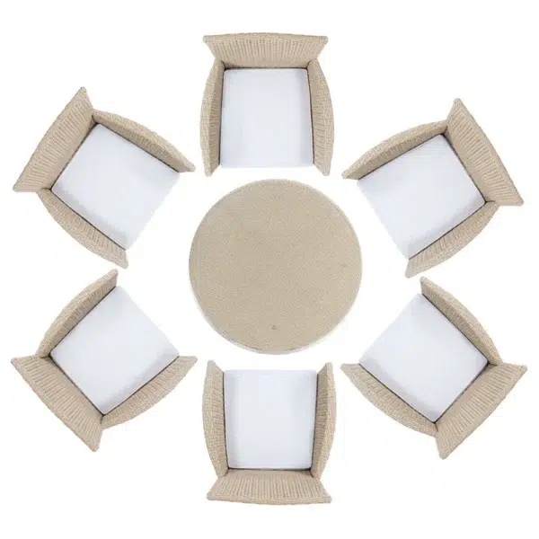 6-person round outdoor dining set with beige cushions on a patio