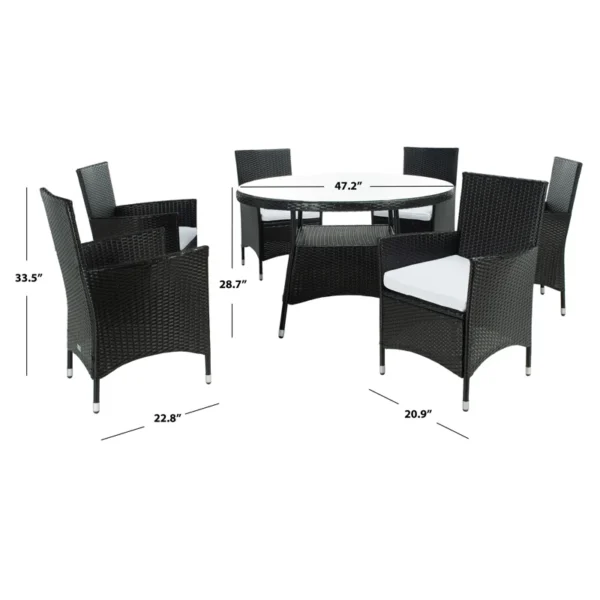 6-person round outdoor dining set with comfortable black cushions, perfect for patio, garden, or backyard.