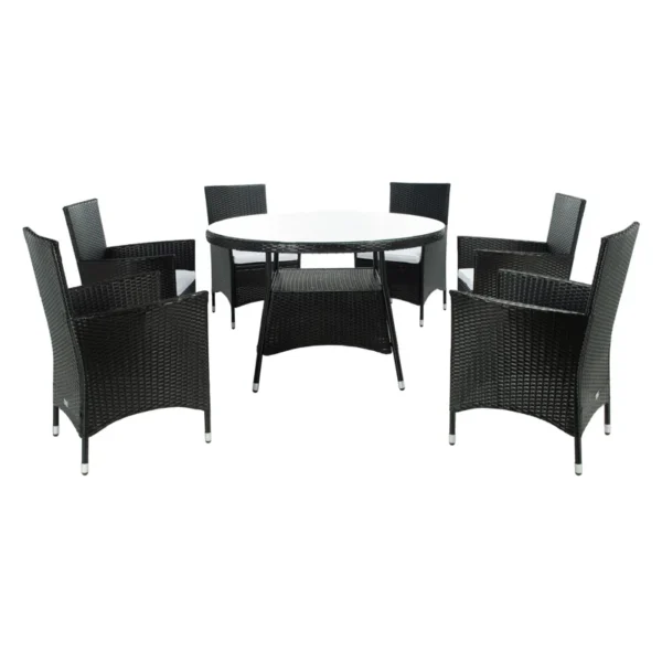 6-person round outdoor dining set with comfortable black cushions, perfect for patio, garden, or backyard.