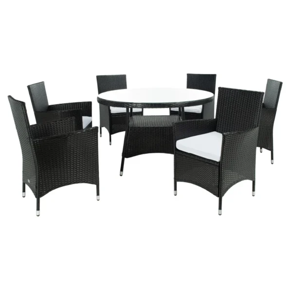 6-person round outdoor dining set with comfortable black cushions, perfect for patio, garden, or backyard.
