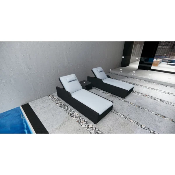 Rattan wicker long reclining outdoor chaise lounge with cushions in black and off-white