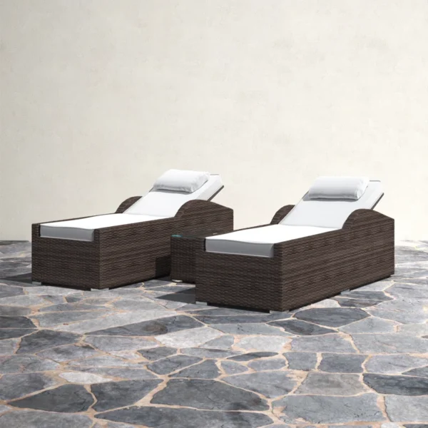 Rattan wicker long reclining outdoor chaise lounge in brown and off-white with cushions.