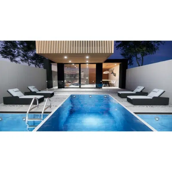Rattan wicker long reclining outdoor chaise lounge with cushions in black and off-white