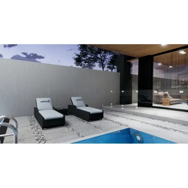 Rattan wicker long reclining outdoor chaise lounge with cushions in black and off-white