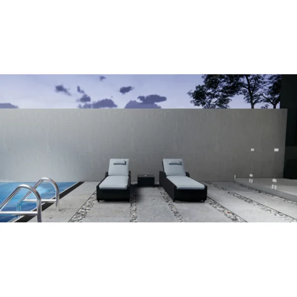 Rattan wicker long reclining outdoor chaise lounge with cushions in black and off-white