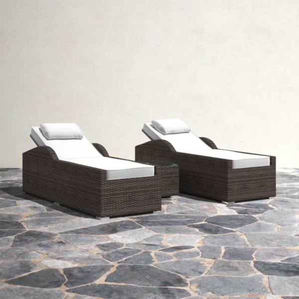 Rattan wicker long reclining outdoor chaise lounge in brown and off-white with cushions.