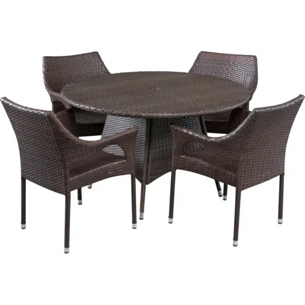 4-person round outdoor dining set with comfortable cushioned seats in garden/patio setting
