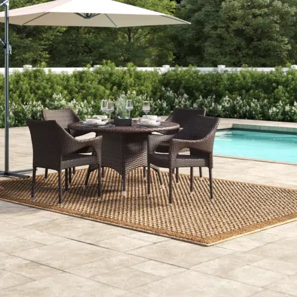 4-person round outdoor dining set with comfortable cushioned seats in garden/patio setting