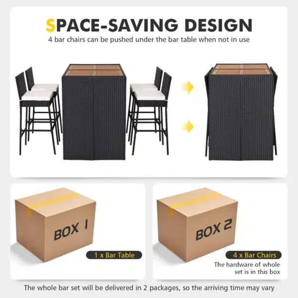 5 piece outdoor patio rattan bar set in black and white with high chairs and a bar table arranged on a garden patio.