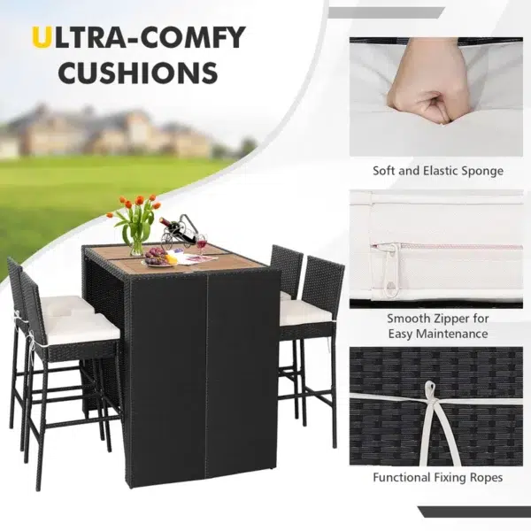 5 piece outdoor patio rattan bar set in black and white with high chairs and a bar table arranged on a garden patio.
