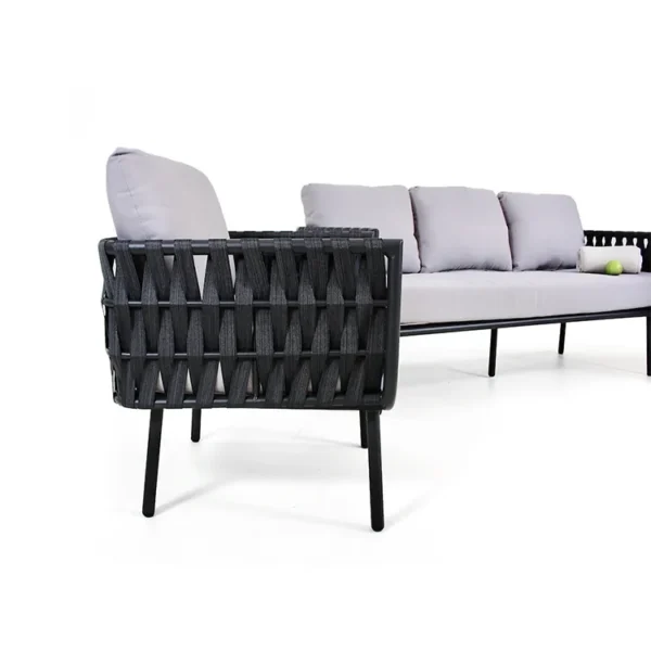 5-seater outdoor patio garden sofa set with black and grey woven rope and cushioned seats.