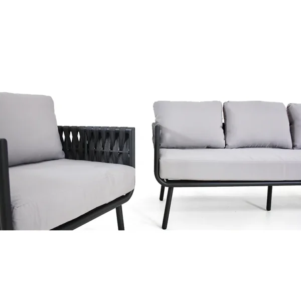 5-seater outdoor patio garden sofa set with black and grey woven rope and cushioned seats.
