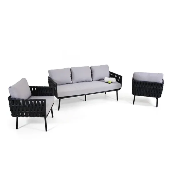 5-seater outdoor patio garden sofa set with black and grey woven rope and cushioned seats.