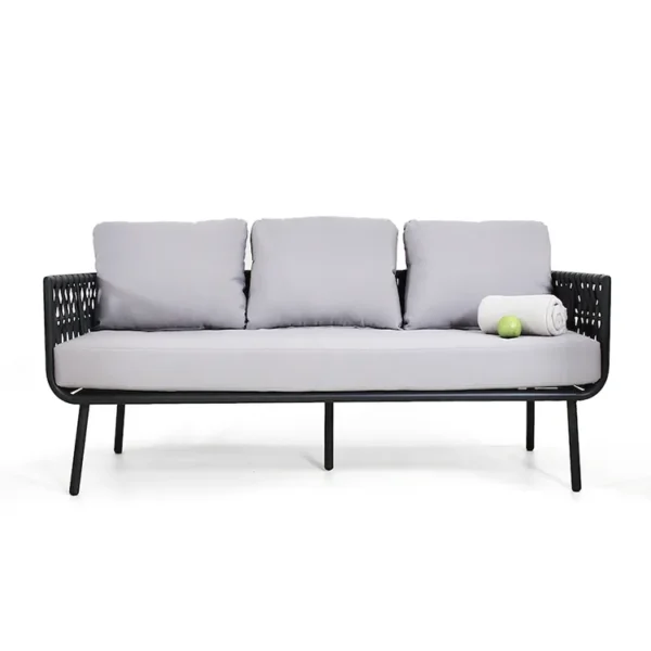 5-seater outdoor patio garden sofa set with black and grey woven rope and cushioned seats.