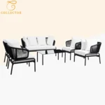 black and white modern outdoor rope sofa set with woven design in garden setting