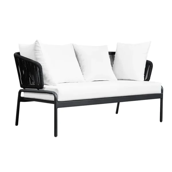 black and white modern outdoor rope sofa set with woven design in garden setting