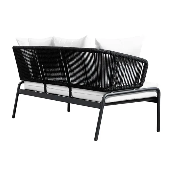 black and white modern outdoor rope sofa set with woven design in garden setting